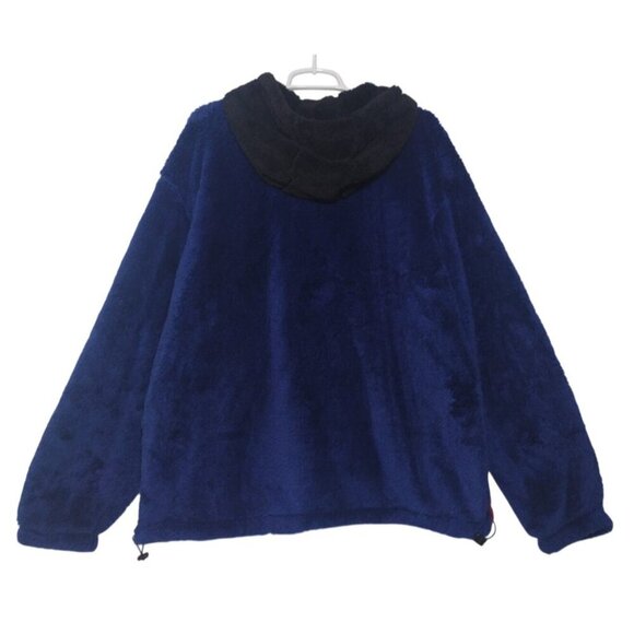 Originally used blue and red fleece jacket with hood and zipper closure. Size L - Picture 2 of 8